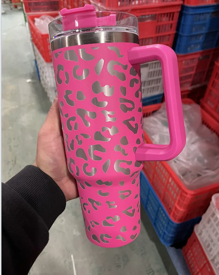 Stainless Steel Vacuum Insulated Travel Mug Leopard Cup 40oz Tumbler With Handle Lids And Straw