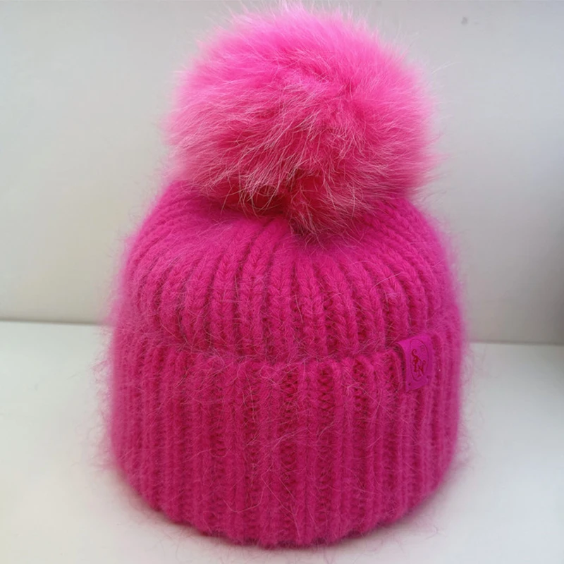 Natural Fox Fur Pompom Beanie Winter Knitted Hats for Women Warm Stripe Wool Beanie Custom Colorful Wide Cuff Skull Hat