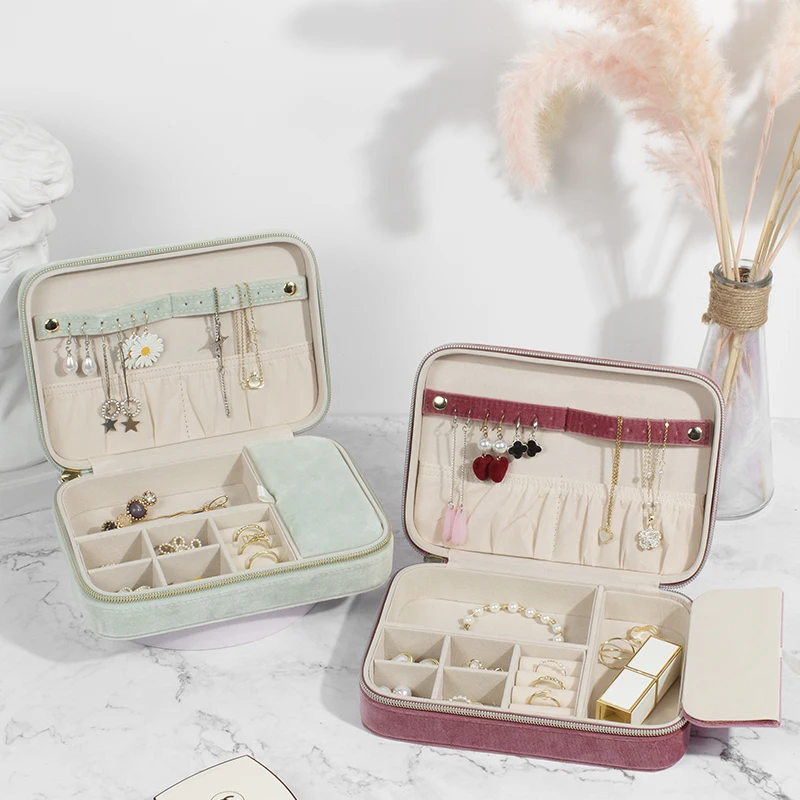New Zipper Velvet Jewelry Travel Case Jewelry Accessory Storage Box Portable Jewelry Organizer for Women