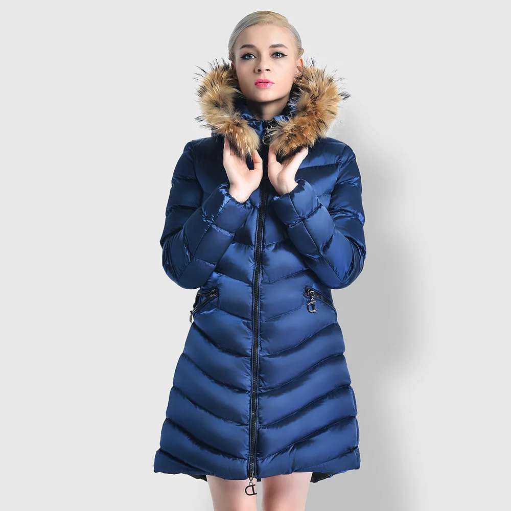 Women new winter long padding jacket ladies puffer jacket with fur hood