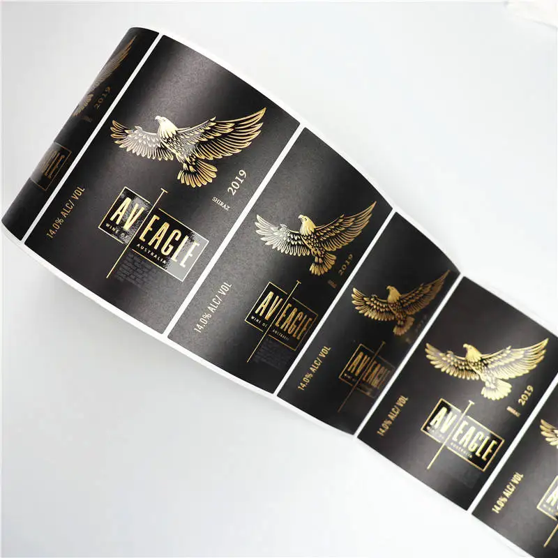 Custom Printing Uv Spot Gold Foil Embossed Logo Premium Adhesive Textured Paper Sticker Glass Red Wine Bottles Sticker Label