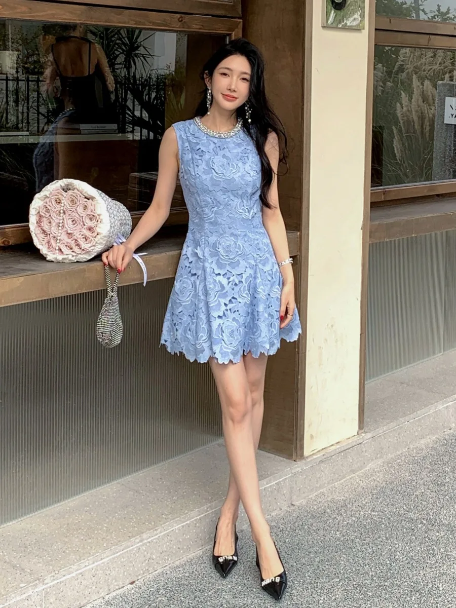 Fashion luxury Winter 2024 hot sales new 3D lace long blue women dress sexy hollow out slim party elegant evening dress