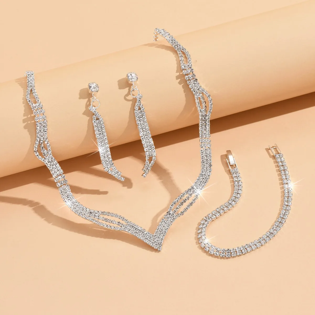 Sparking Rhinestone Multi Chain Wedding Jewelry Set for Brides Bridesmaid Crystal Necklace Earring Set Costume Jewelry AM1160028