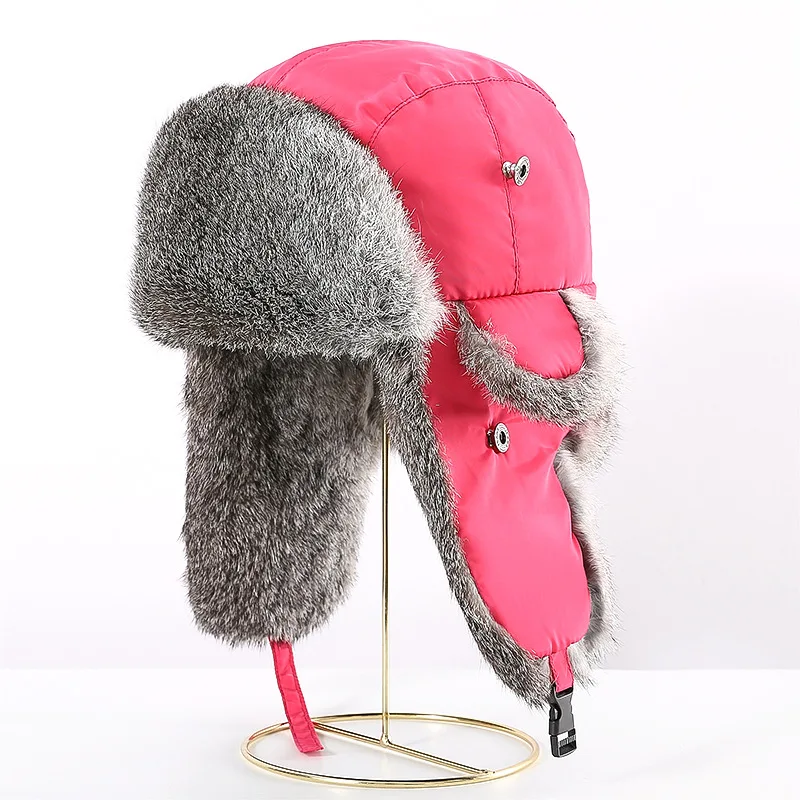 Real Rabbit Fur Winter Padded Earflaps Winter Trooper Hat Waterproof Hunter Hat Cycling Outdoor Ski Warm Winter Aviator Hats