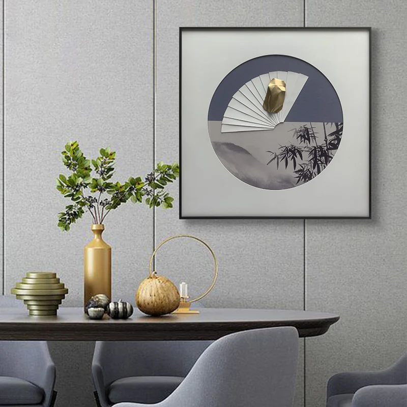 JZ Hotel Decoration Framed Mixed Media Artwork Abstract Bamboo And Fan Painting Wall Art Home Decor 3D