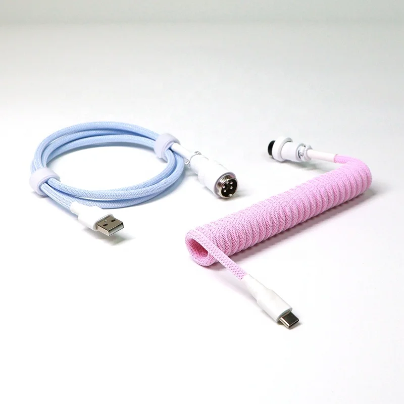 Wholesale Z Shape Mix Color Sleeved Mechanical Keyboard Coiled Type C Mini USB Micro Spiral Cable With GX16 Aviator.