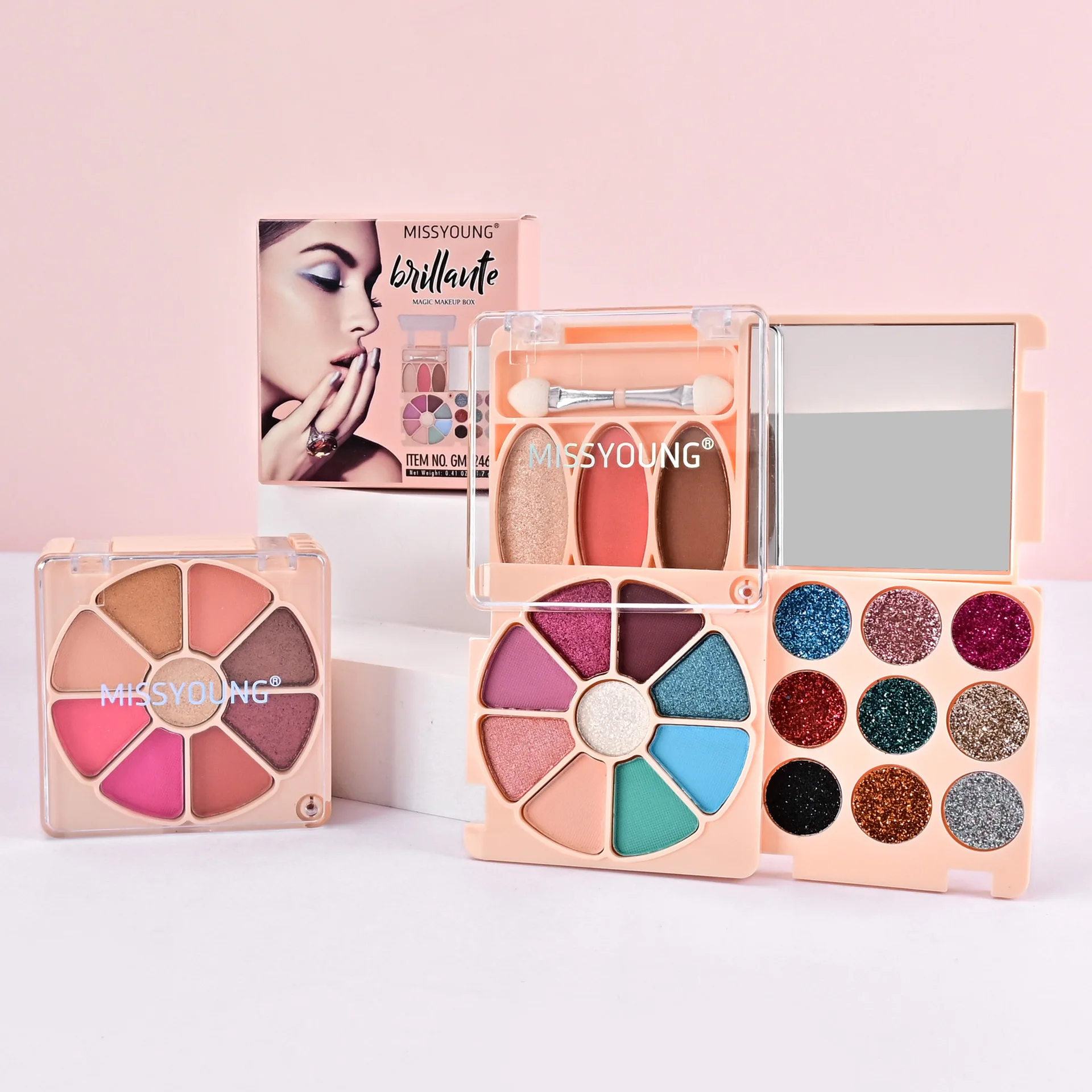 Hot selling mini makeup kit 21 color matte glitter eye shadow blush contour highlighter cosmetics gift kit with mirror and brush