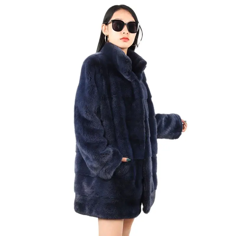 beautiful women mink fur coat with mid long stand collar winter high quality new thick fluffy fur jacket
