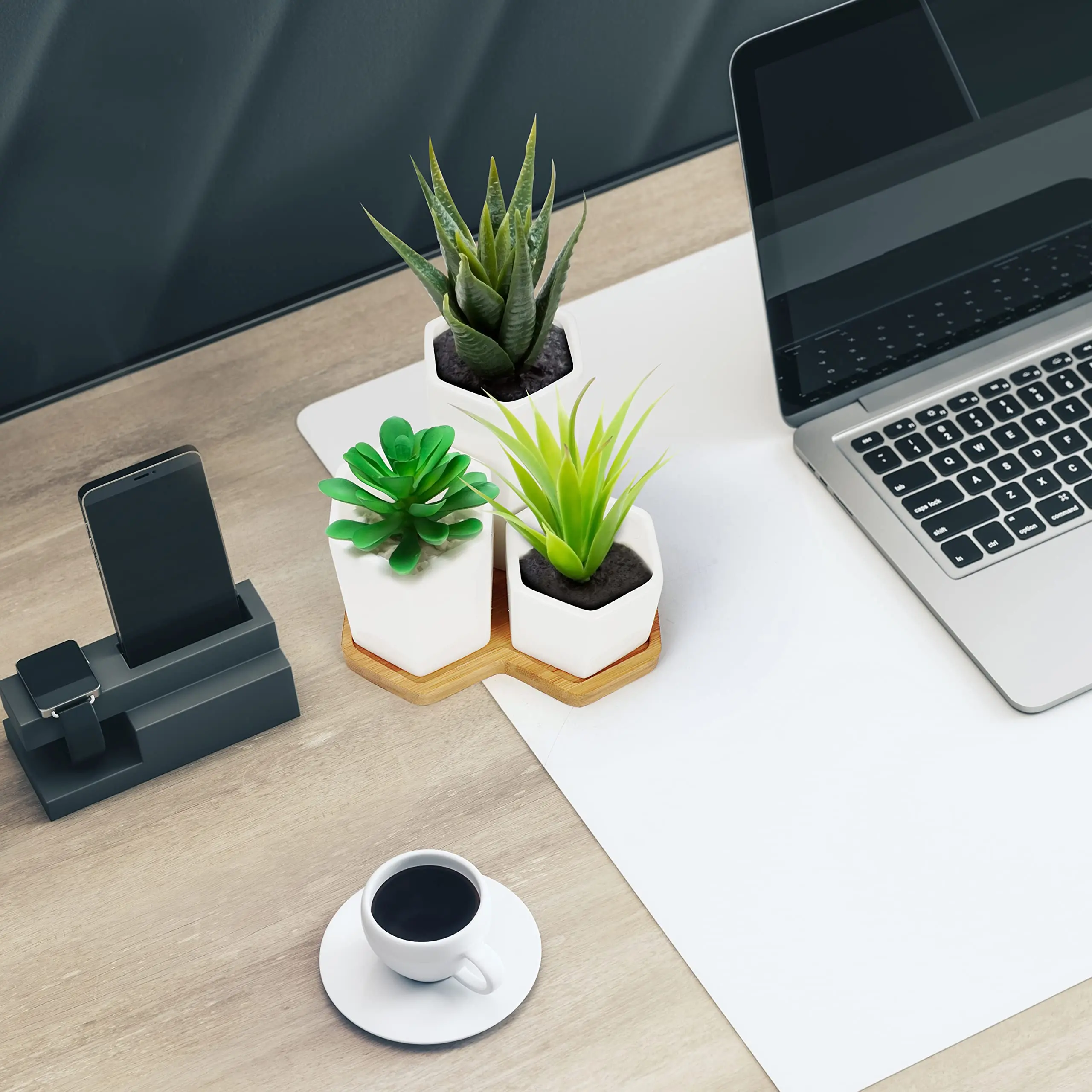 NISEVEN New Design 3pcs/Set White Hexagon Ceramic Pots With Bamboo Tray Succulent Pot Ceramic Flower Pot