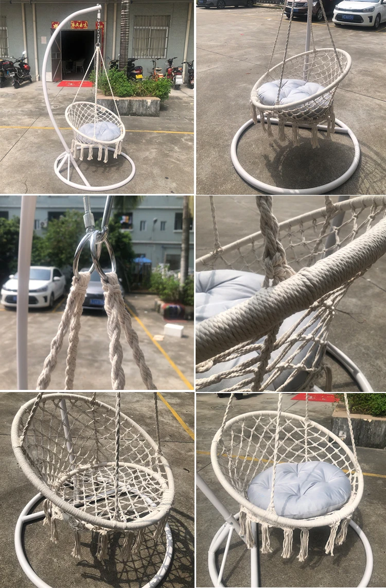 Modern leisure white round hammock macrame swing chair rattan outdoor garden patio hanging swin chair