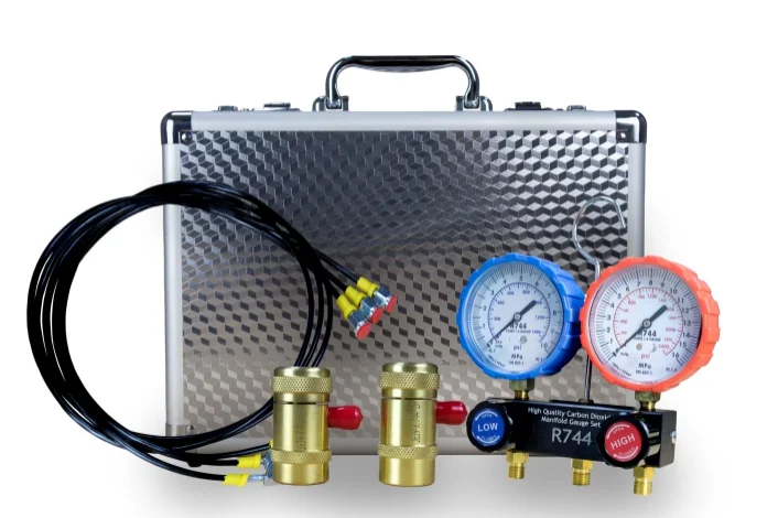 R744 CO2 Manifold gauge set with recycling Aluminum Valve connection 1/4  Refrigerant Charging Tool Leak Detection Tool Kit