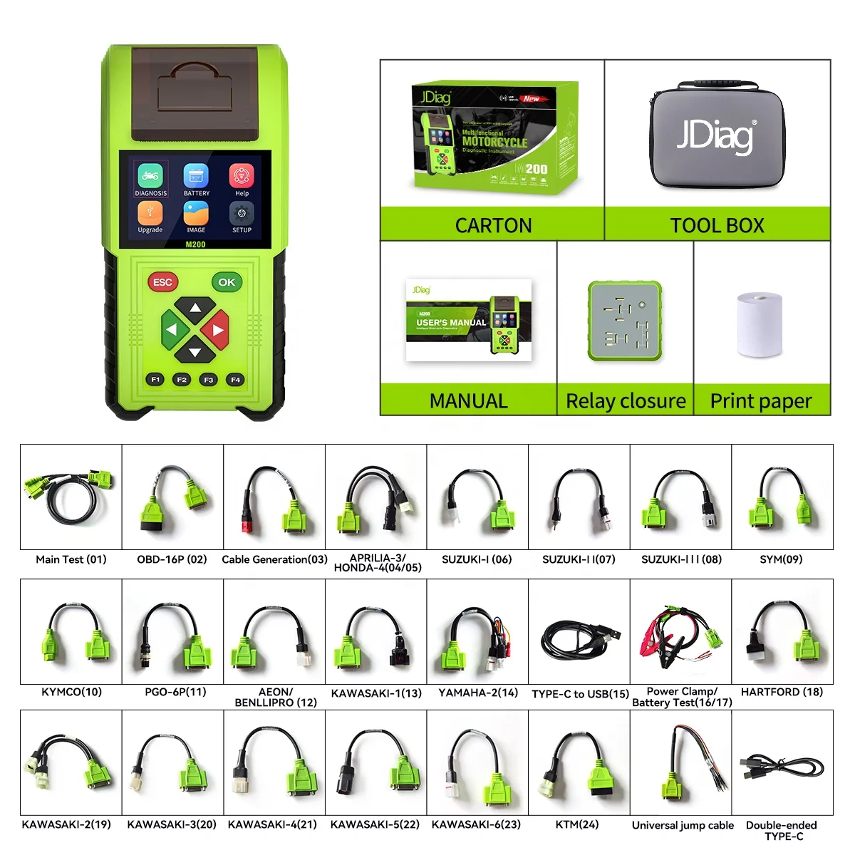 JDiag M200 Pro Full Version Multilingual universal motorcycle scanner With 24 Cable motorcycle scanner motorcycle battery tester