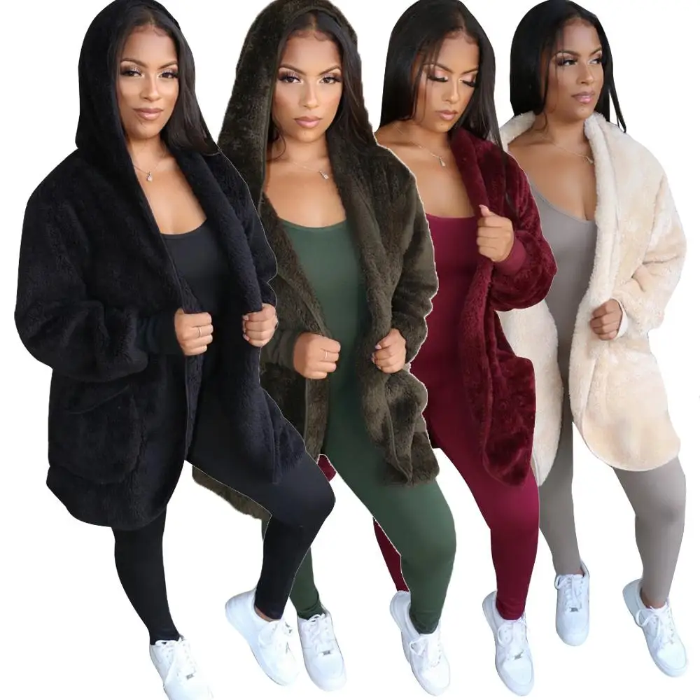 FM-YM8509 Women winter coats synthetic fluff long sleeved pocket hoodie faux fur coat