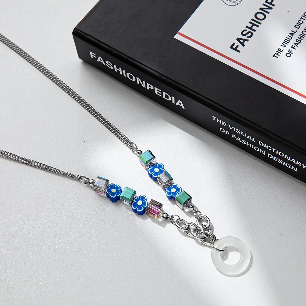 Klein Blue Glass Flowers Beaded Stitching Chain Accessories Double Layer Pendant Necklace Party Simple Cold Style Sweater Chain