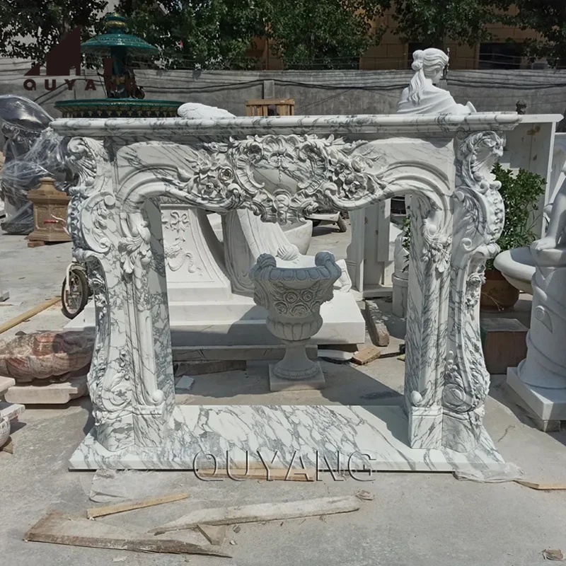 QUYANG Classic Luxury Indoor Decoration Hand Carved Natural Stone Relief White Marble Freestanding Fireplace Mantel