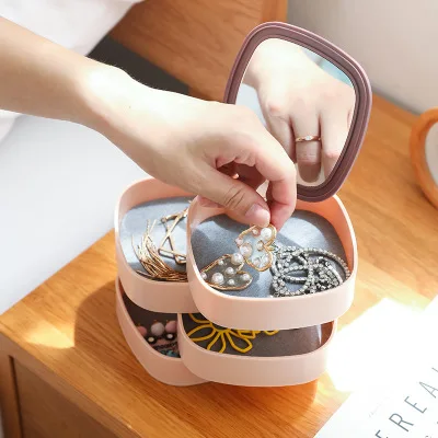 Creative new jewelry storage box with lid with mirror large capacity simple rotating drawer storage box storage box