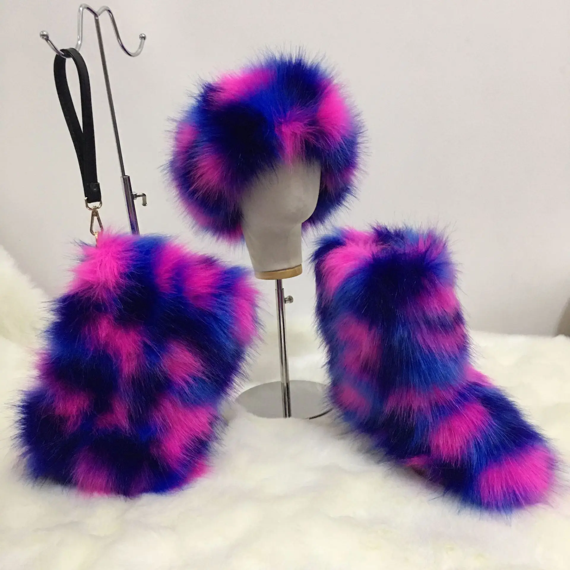 MOQ 1 free gifts Wholesale custom logo winter colorful faux fox fur women girls snow boots matching purse and headband boots