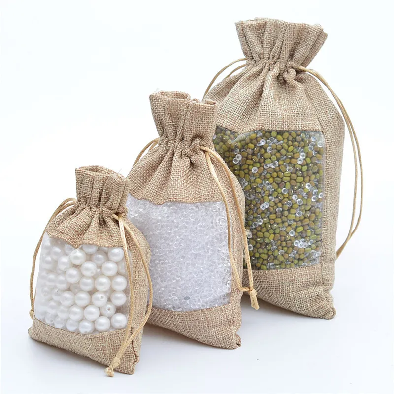Middle Opening Style Jute Package Drawstring Pouch with Organza Window Packing for Jewelry Gift