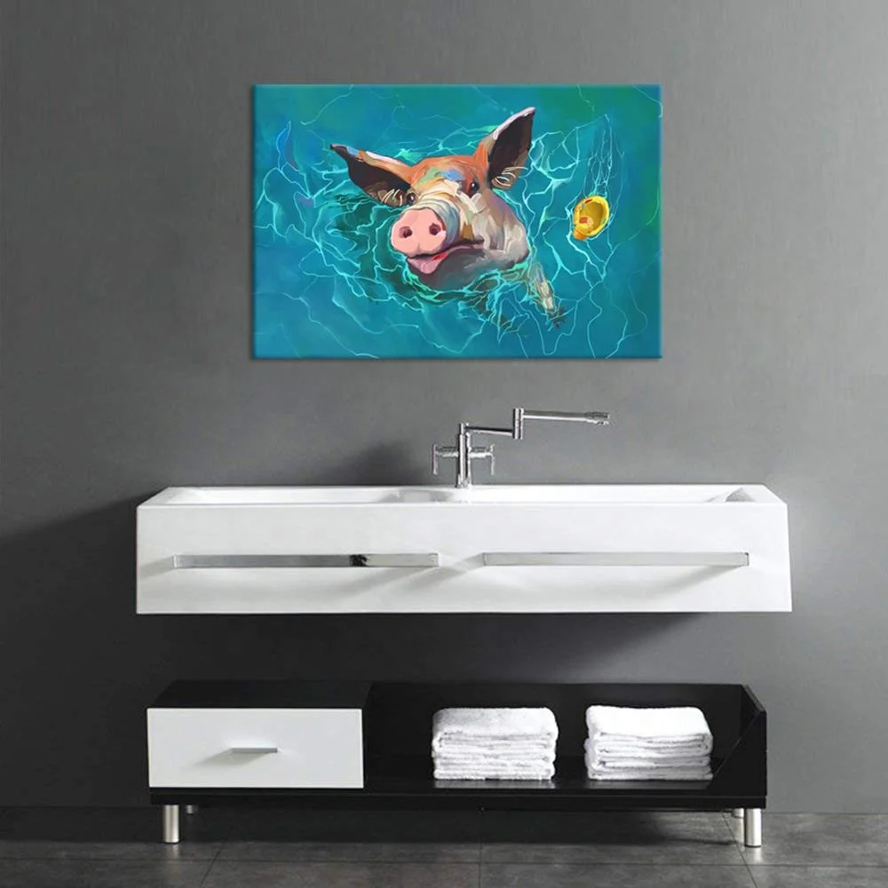 Large Blue Canvas Wall Art Funny Wild Pig Swimming Pig at Sea Abstract Animal Picture Painting on Canvas for Living Room