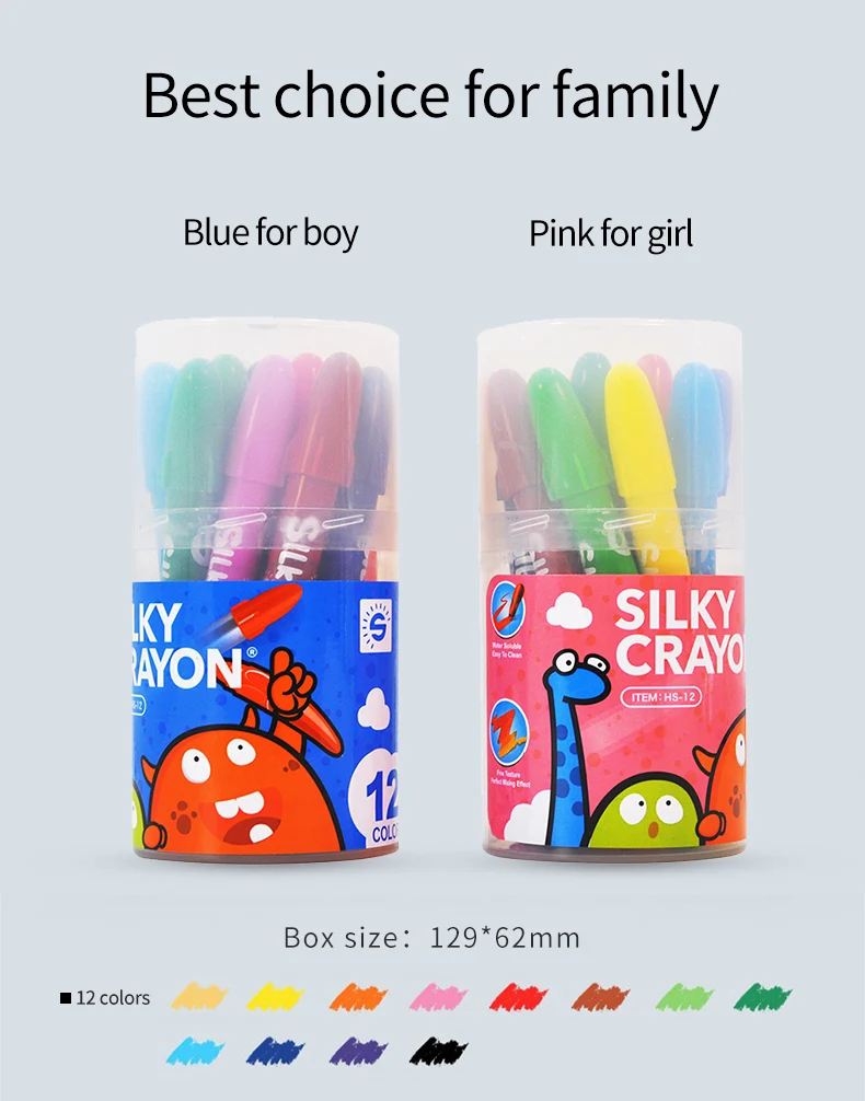 Sunny Art 12 Colors Rocket Shape Non Toxic Twistable Silky Crayons Water Soluble Krayon Dapat Diputar 12 Warna