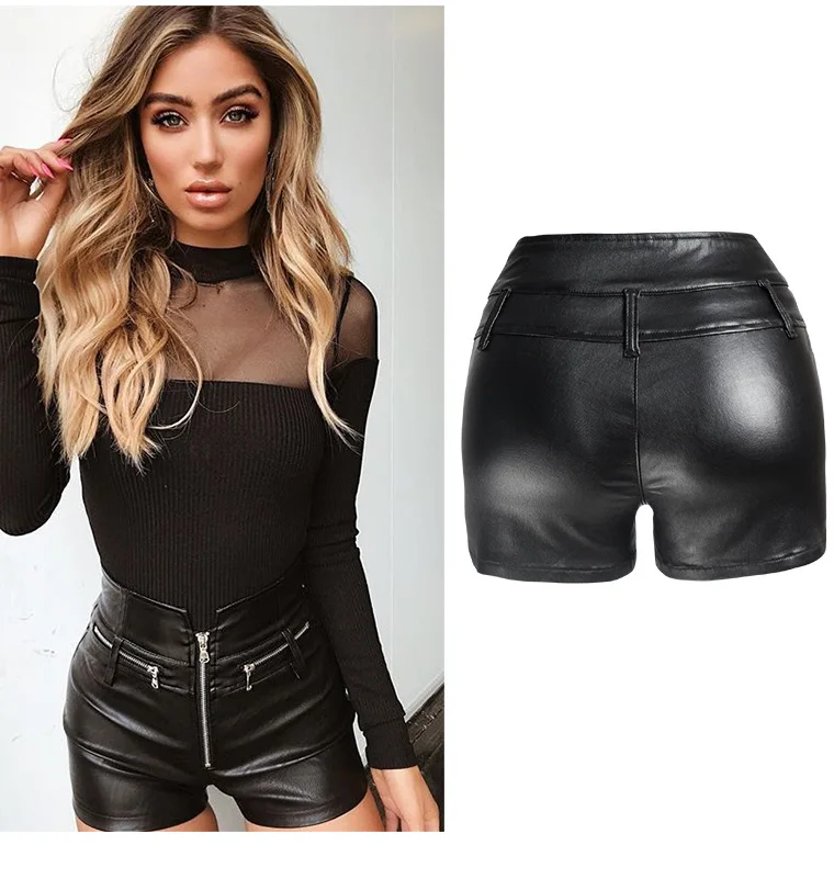 2021 Summer Women Casual Pu Leather Pants Black Shorts High Waist Zipper Booty Shorts