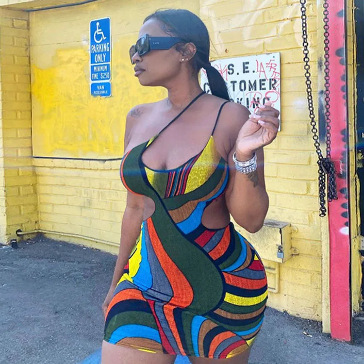 
Fashion Apparels Woman Summer Hollow Out Inclined Shoulder Sleeveless Backless Mini Dress 