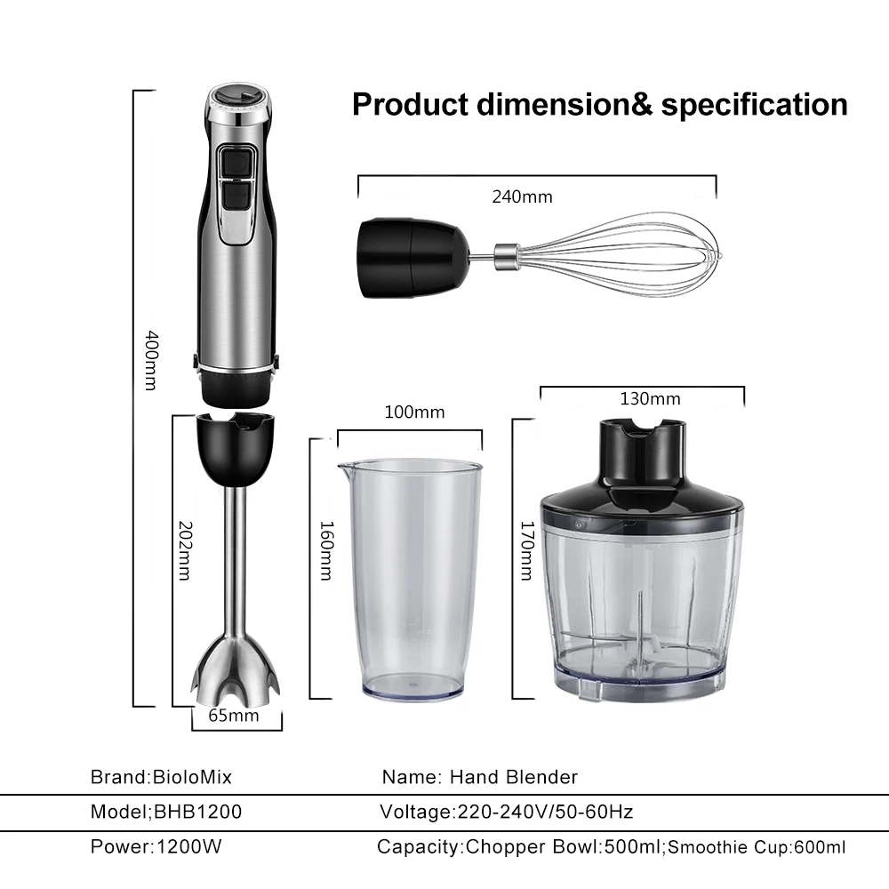 1200W High Performance 4 in 1 Household Hand Blender Set Electric Adjustable Speeds Multiple Accessories