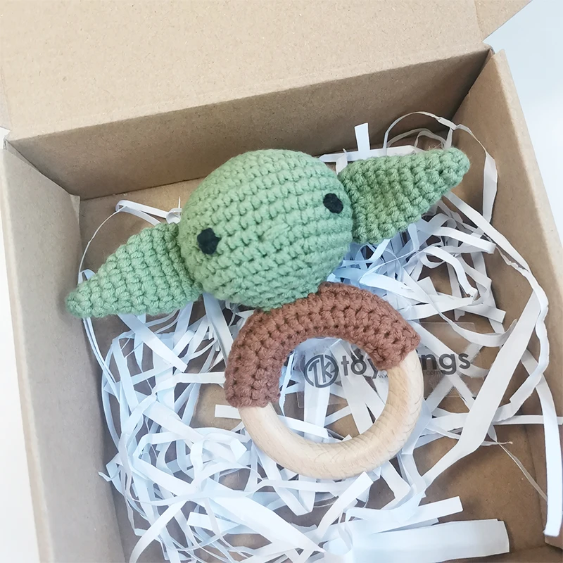 Handiwork Crochet Baby Yoda Rattle Toys Amigurumi Yarn Knitted Beech Wood Teether Star