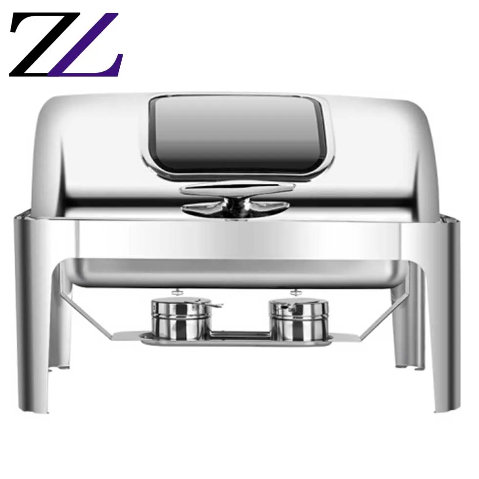Catering buffet serving stove chaffers square widows food warmer roll-top lid chaffer stainless steel modern chafing dish deluxe