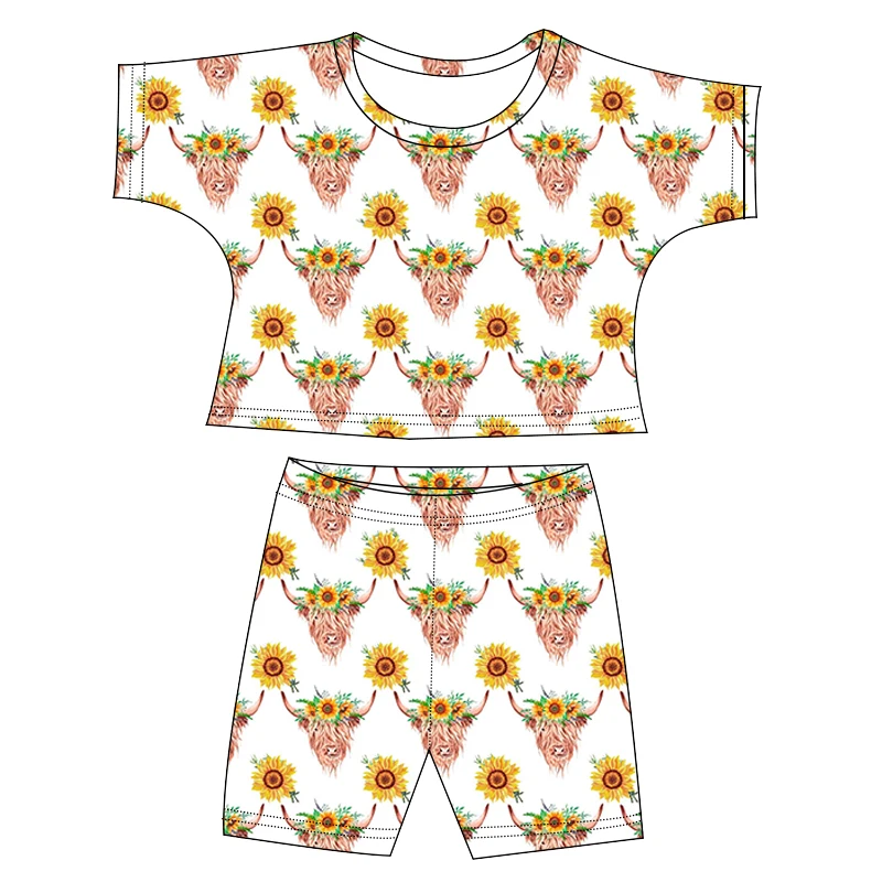 Wholesale Western Print Short Sleeve Crop Top Shirt Biker Short 2 Pieces Sets For Girl Summer Outfits Kids Lounge Sets