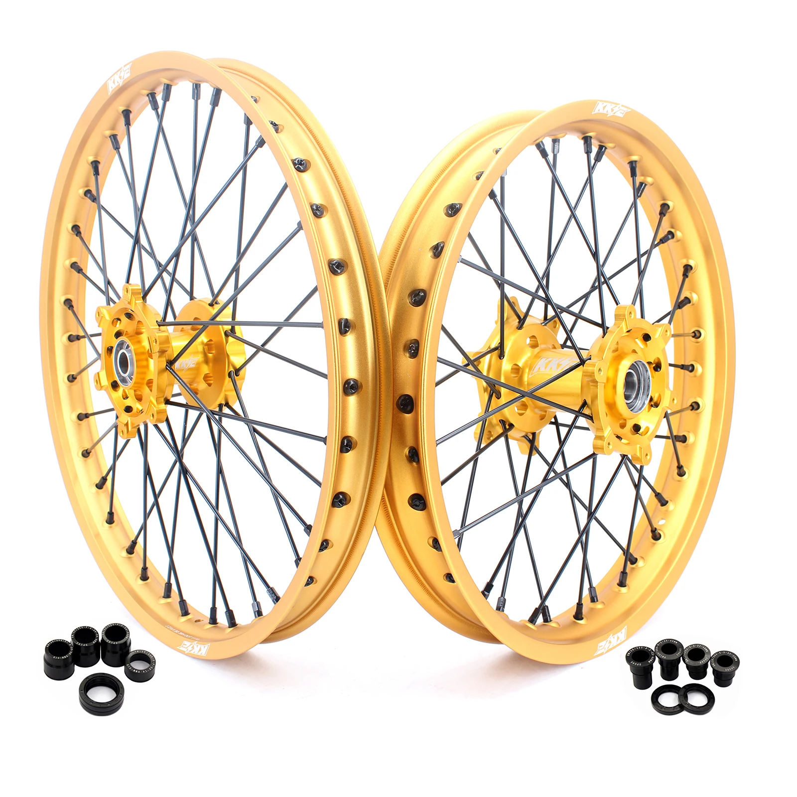 KKE Motocross Birt Bike Wheels Rims Set fit SUZUKI RM125 RM250 1996-2008 Gold Hub with GLM rims Black Spoke and Nipples