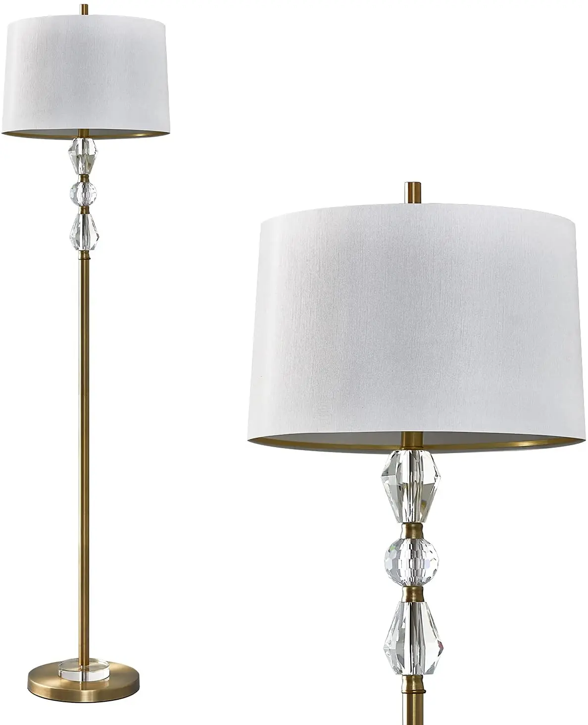 Modern Crystal Stacked Ball Floor Lamp Reading Antique Copper White Fabric Shade for Living