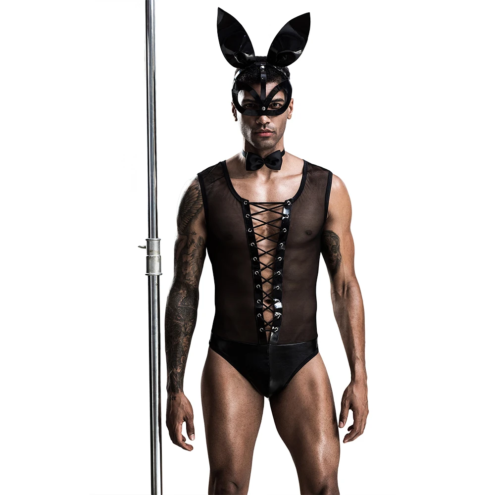 black mesh bodysuit lingerie and rabbit mask cosplay mens bunny Lingerie Sexy Bodysuit Bunny Suit Role Play Costume halloween