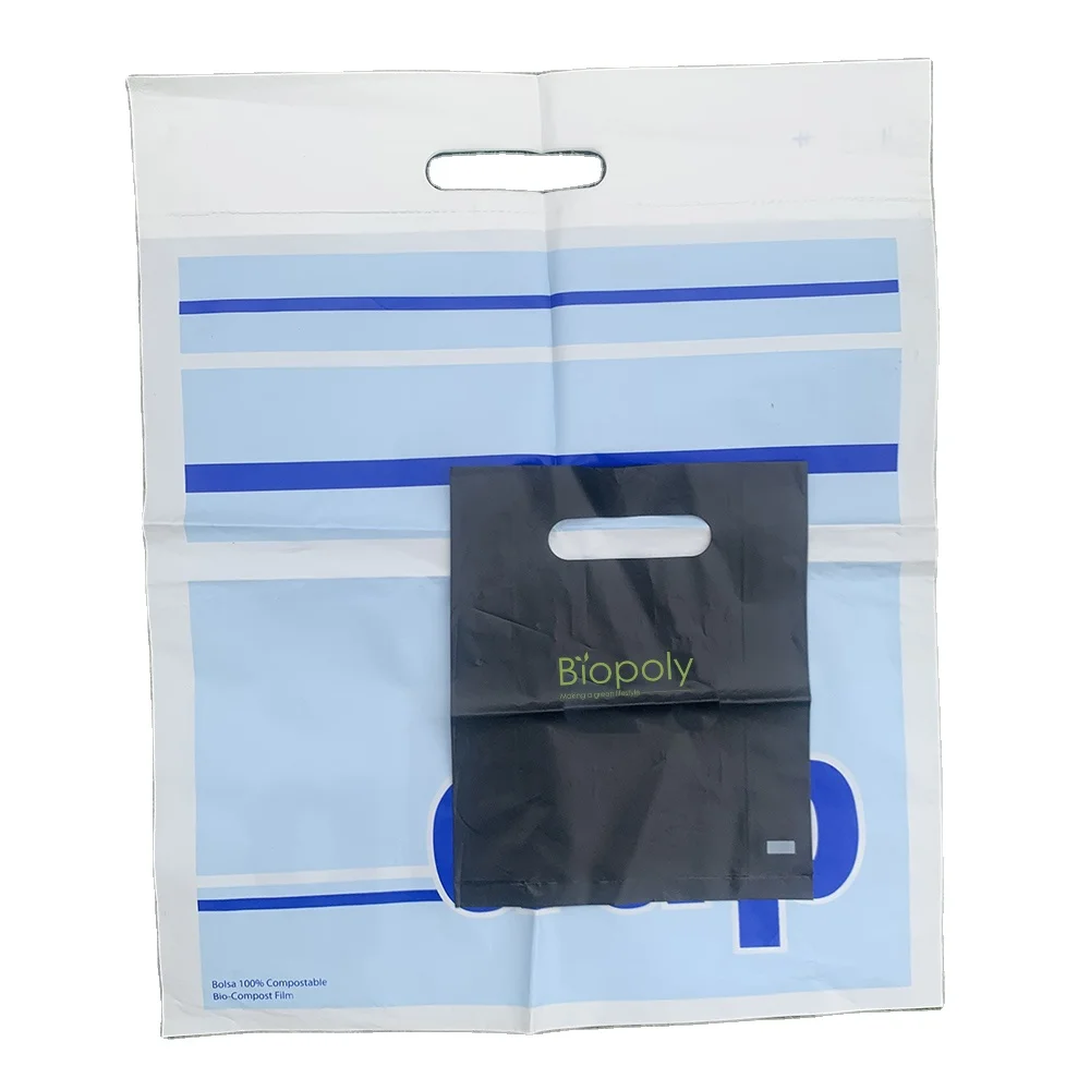 Biopoly compostable clothes packaging bag die cut handle bag custom printing