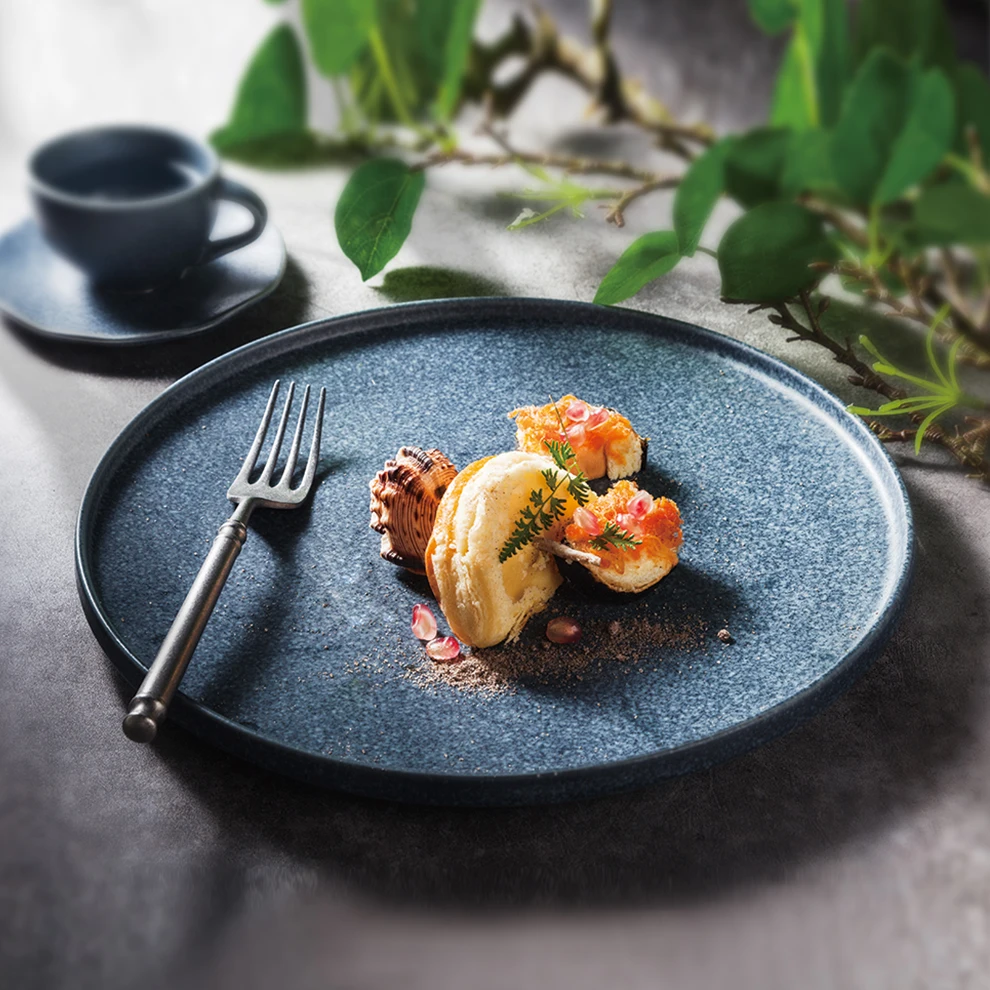 YAYU Best Sell Retro Pratos De Jantar Para Restaurante Custom Ceramic Tableware Blue Sushi Salad Plates Flat Steak Dinner Plate