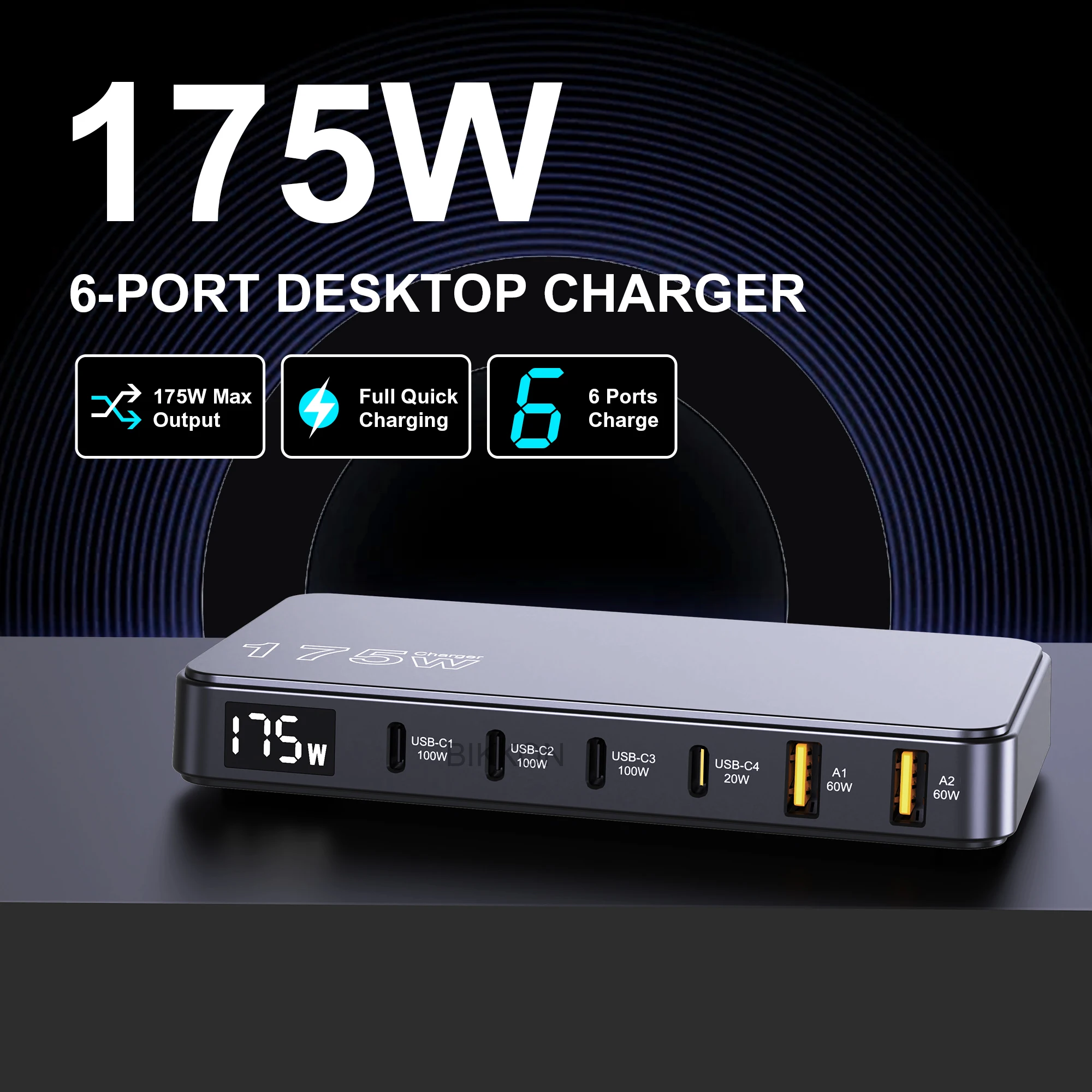 USB C Charger 175W 6 Ports Type C Charging Station Multiple Device 4C2A LED Display PD 3.0 100W Fast GaN Adapter for Macbook pro