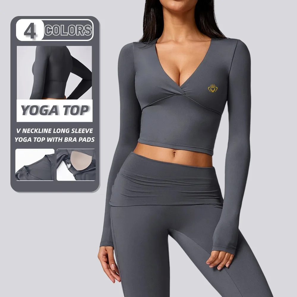 Sexy Deep V Neck Breathable Quick Dry Polyester T Shirt Running Sport Shirts Long Sleeve Gym Crop Women Fitness Top