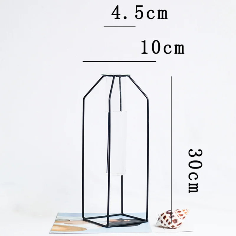 Nordic Style Geometric Design Iron Art Vase Featuring a Unique Glass Tube-for Your Home Decor
