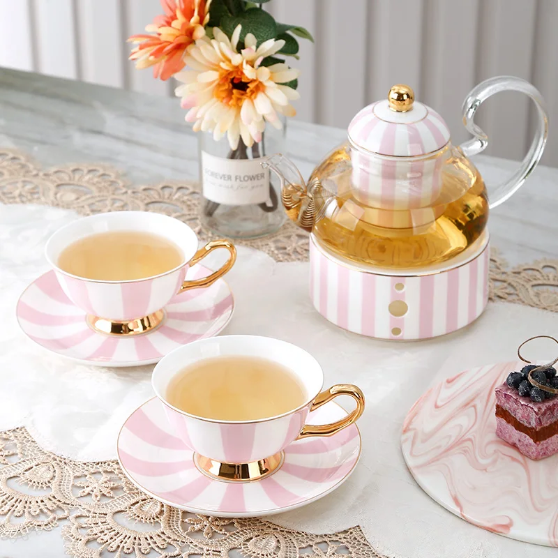 Modern Luxury Coffee Cup Pink Stripe Ceramic Tea Cup And Saucer
