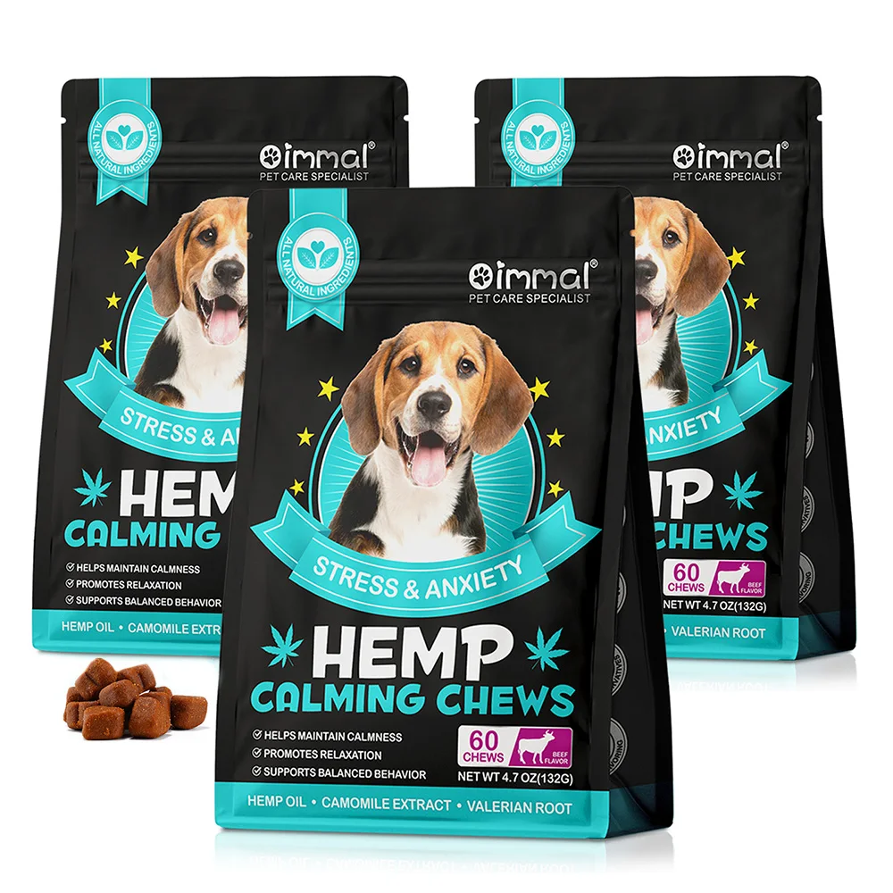 OEM 60 Soft Chews Anxiety and Stress Relief Dog Treats Duck Beef Flavor Hemp Calming Support Chewable for Dogs Relaxation