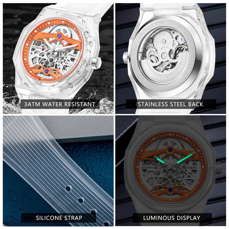 High Quality Unique Men Designer Automatic Watch Custom Business Mechanical Transparent Plastic Watch Wrist For Men