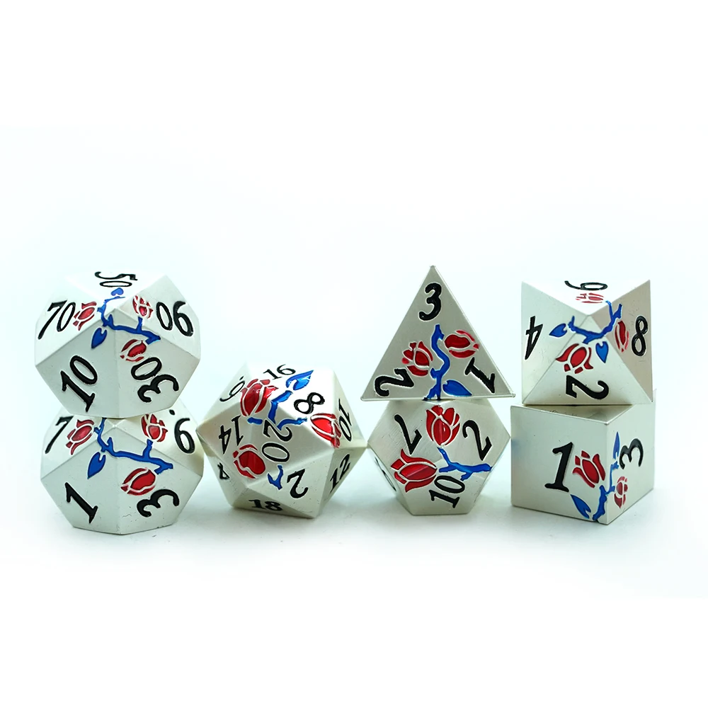 Stock Wholesale New Design Polyhedral Silver Metal Red And Blue Flower Rose Dice For Game With Dnd Dice Set Box