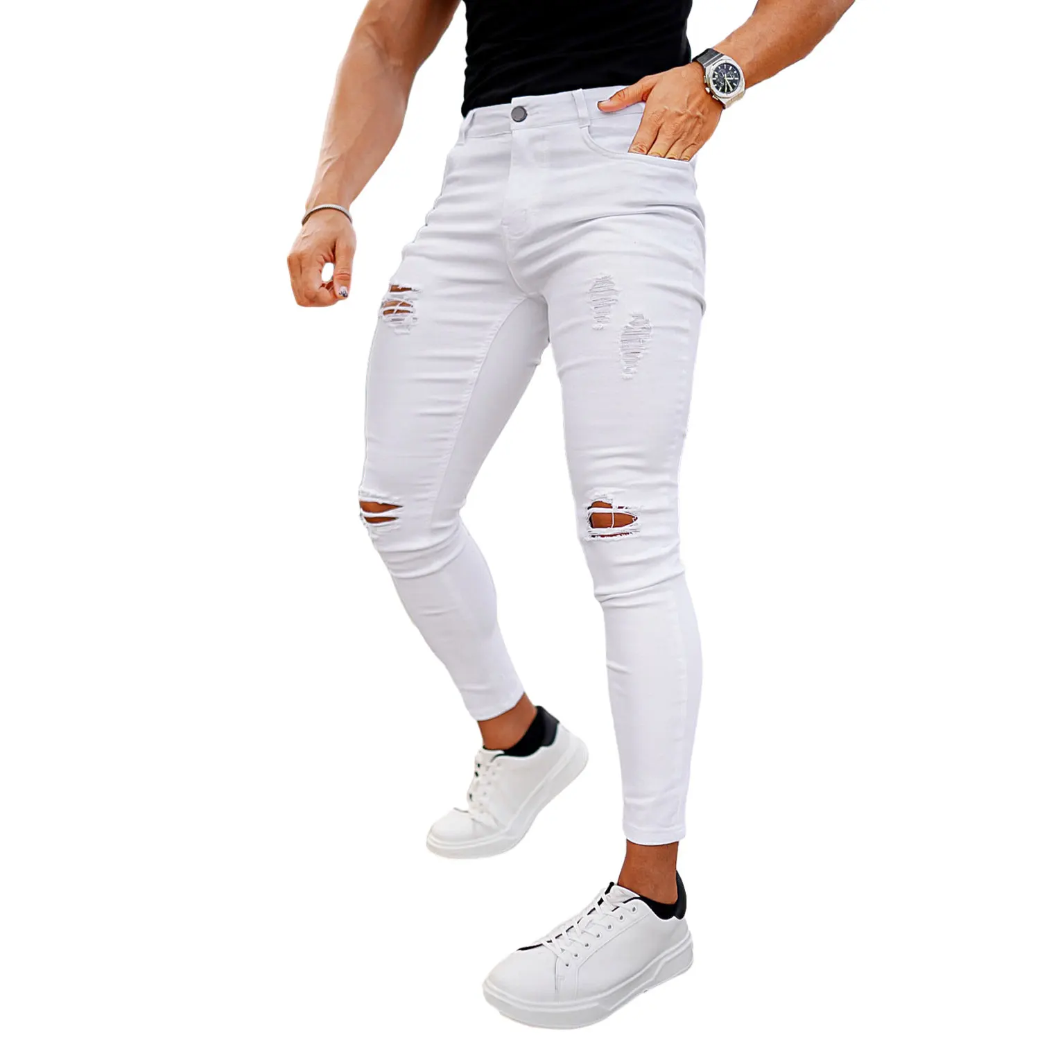 Gingtto Usa Warehouse White Denim Ripped Jeans Pants Stretch Skinny Jeans Men