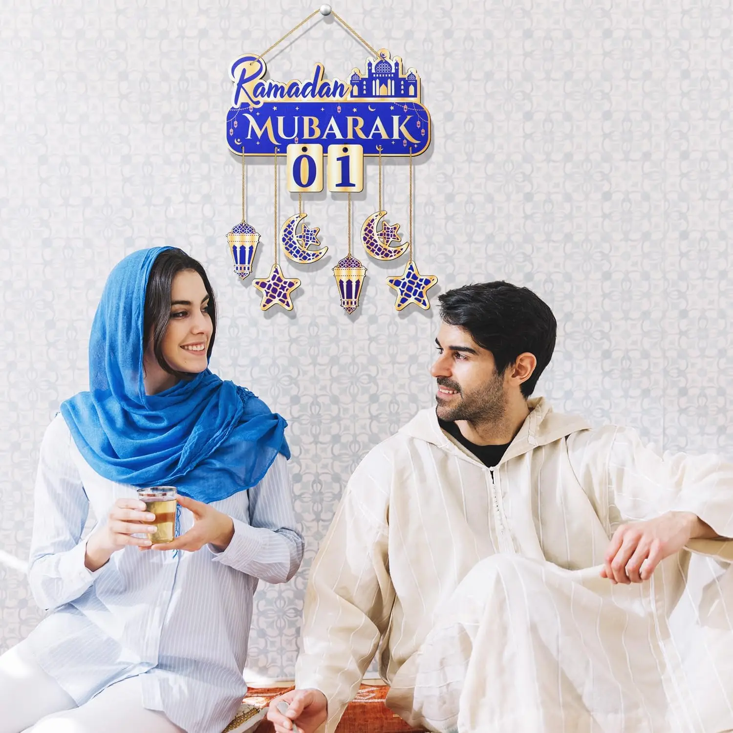 39*30cm Muslim Ramadan Party Door Sign Moon Star Wind Light Castle Shape Ornament Eid Islamic Decor Plywood Eid Countdown Decor