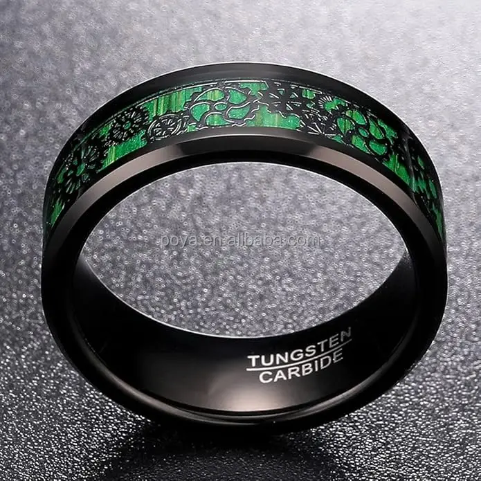 POYA Jewelry 8 mm Black Tungsten Carbide Wedding Engagement Ring Steampunk Green Carbon Fibre Gear Inlay Bevelled Edge Men Gift