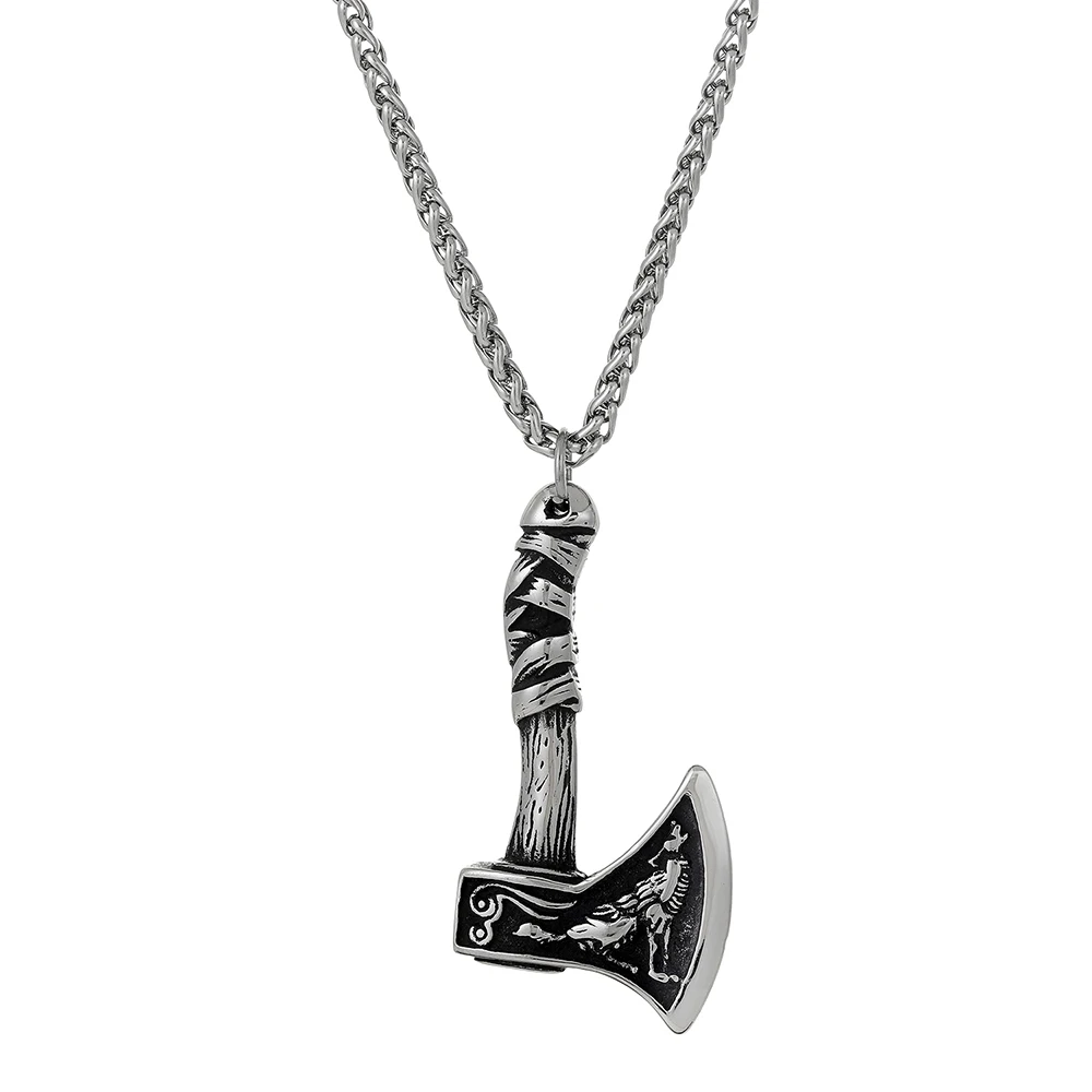 Viking Axe Necklace Vintage Norse Viking Raven Wolf Talisman Pendant Viking Jewelry for Men Women