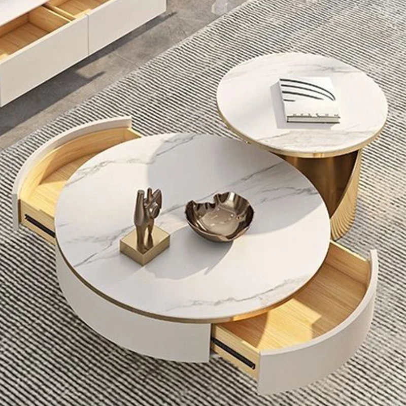 Modern Design White Round Marble Dlate Coffee Table Set Wooden Furniture Gold Metal  Luxury Center Table For Living Room
