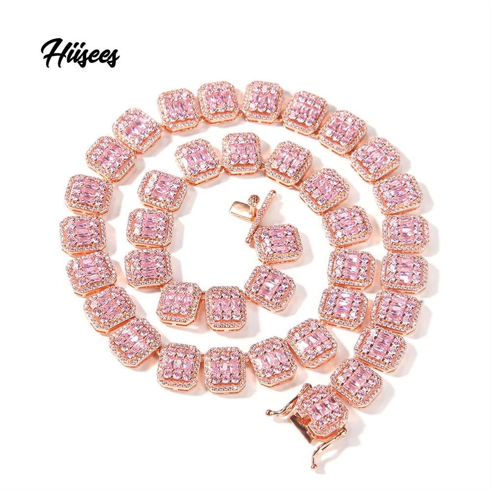 13mm new gold chain design girls iced out baguette pink cz paved tennis chain hip hop bling plated white gold jewelry necklaces