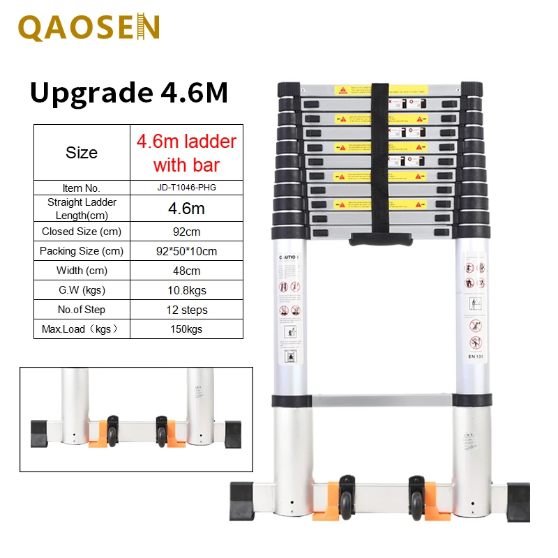 Upgrade 4.6M Single Telescopic Ladder Aluminum with Balance Bar Silver Industrial Outdoor Ningbo Free Spare Parts 12 Steps 50PCS