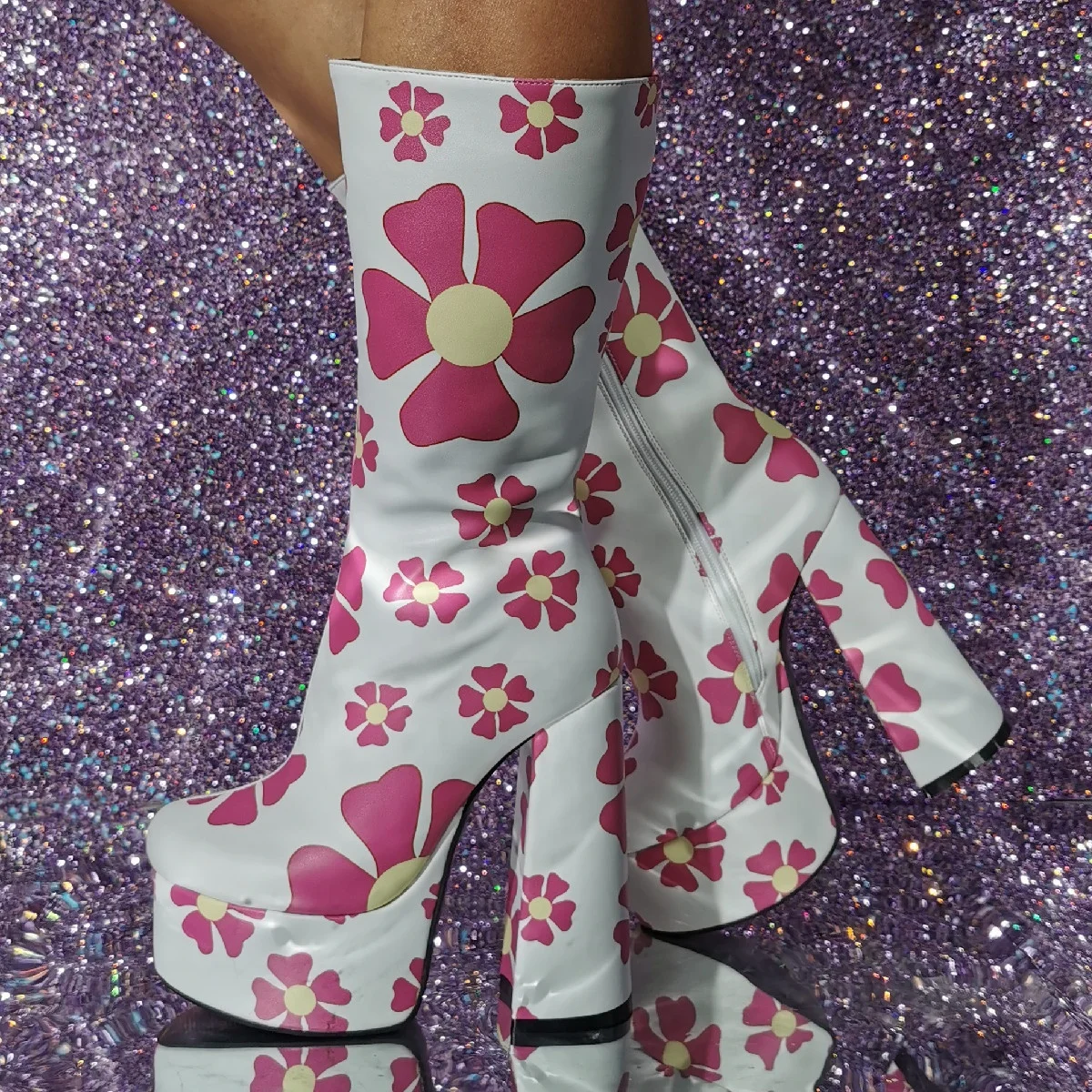 BUSY GIRL XYZ4955 Y2k gothic boots women shoes thick high heels ladies size 47 fashion flower print white leather platform boots